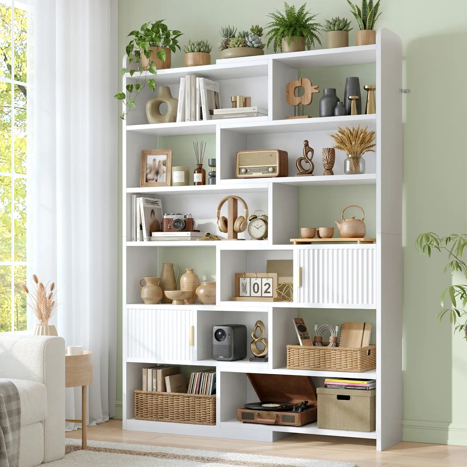 Raybee 75“ Tall 7-Tier Bookshelf, 38” 4-Tier Corner Bookcase with 2 Fluted-Door Cabinets, Modern Shape-Adjustable Wooden Book Shelves for Home Office, Living Room, Kitchen,White #TikTokShopBackToSchool