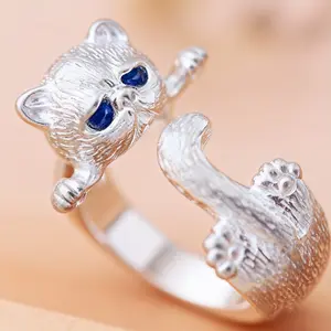 Cute Cat Ring – Adjustable Silver Kitty Open Ring with Blue Eyes, Aesthetic Animal Jewelry for Cat Lovers & Gifts