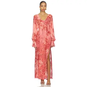 HEMANT AND NANDITA Kaftan Maxi Dress With Printed Slip in Coral