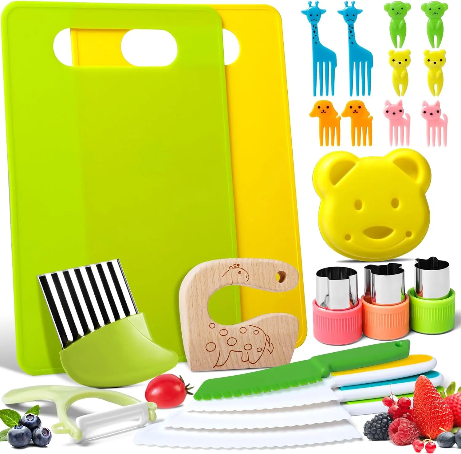 23 PCS Kids Cooking Set – Real Kitchen Tools for Toddlers with Safe Knives, Cutting Board, Peeler, Sandwich Molds & Crinkle Slicer – Cooking Toys for Girls & Boys
