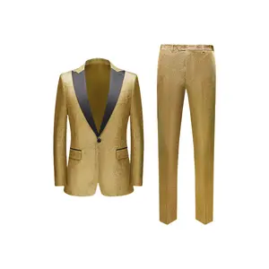 [Suit] Men's Slim Sequin Tuxedo Suit - Gold and Blue, V-Neck Blazer and Pants, Suitable for Weddings, Parties and Formal Events, 2-piece Set, Shiny, Dinner Dress, Host Dress, Banquet Dress
