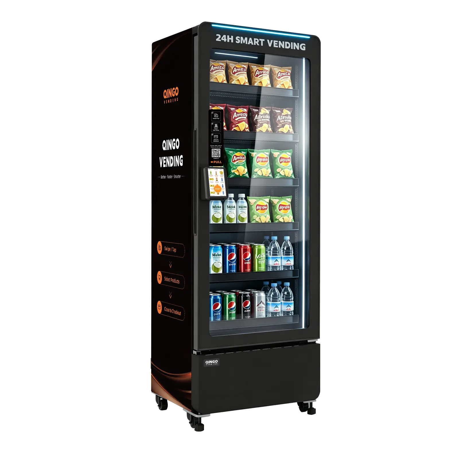 QINGO Smart Combo Vending Machine Model Ten409, Dual Camera Product Recognition, Touchscreen, Cashless Payment, Remote Management, Refrigerated Commercial Snack & Drink Vending Machine for Office, Hotel, Gym, Apartment