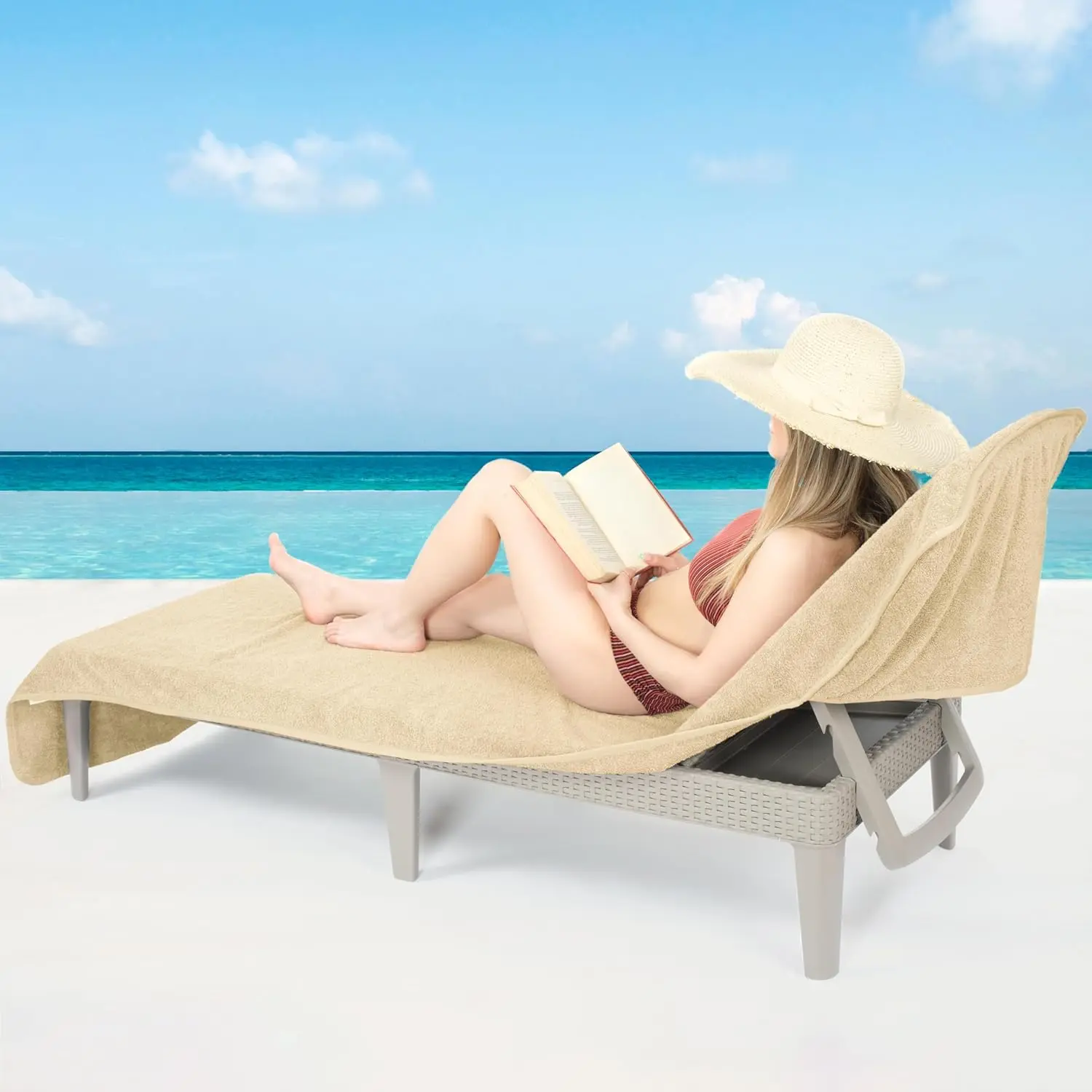 Lounge Chair Towel with Pocket, 32x86 in Chaise Lounge Pool Beach Towel, (Beige, 1 count)