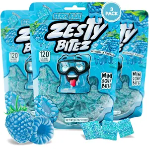 Zesty Bitez – Berry Blue Sour Candy Strips Bites – Ultra-Thin Vegan Sour Belts with Intense Blue Raspberry Flavor – Mini Gummy Bites in Resealable 3-Pack – Clean, Bold, Pucker-Worthy Snack for All Ages