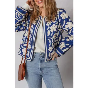 Floral Open Front Buttoned Cuff Jacket