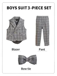 3 Piece Boys Plaid Suit Set（Waistcoat+Trousers+Bow Tie）British Retro Gentleman Style Boys Birthday Party Outfit Wedding Pageant Wear Festival Formal Attire For Kids No Shirt Included Vest--XT82109