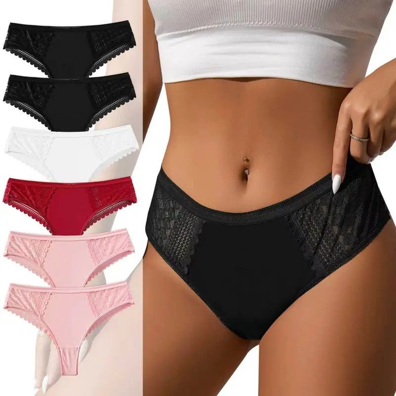 Women's Sexy Lace Cheeky Bikini Panties 6-Pack - Low Rise, Seamless, Stretch Breathable, Cotton Crotch, No-Show, Soft Lightweight, Comfortable Fit Underwear for Ladies All Day Wear