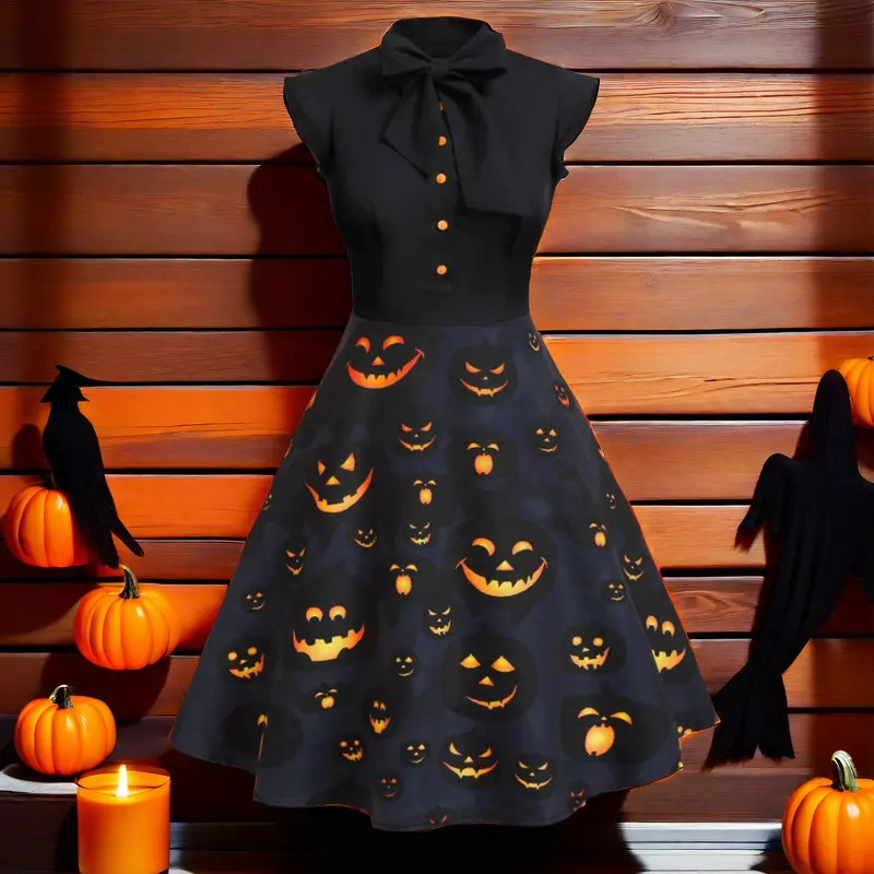 Women's 1950s Vintage Halloween Swing Dress - Casual Pumpkin Patchwork with Button Down Bodice, Cap Sleeves, and Lace-Up Knot, Lady, Fit, Casual Wear, Xxl, Holiday