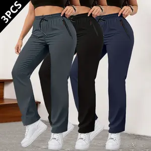 3-pack – women’s mid-rise straight-leg casual pants with zippered pockets and a drawstring waist, suitable for sports, walking, outdoor activities, and everyday casual wear.