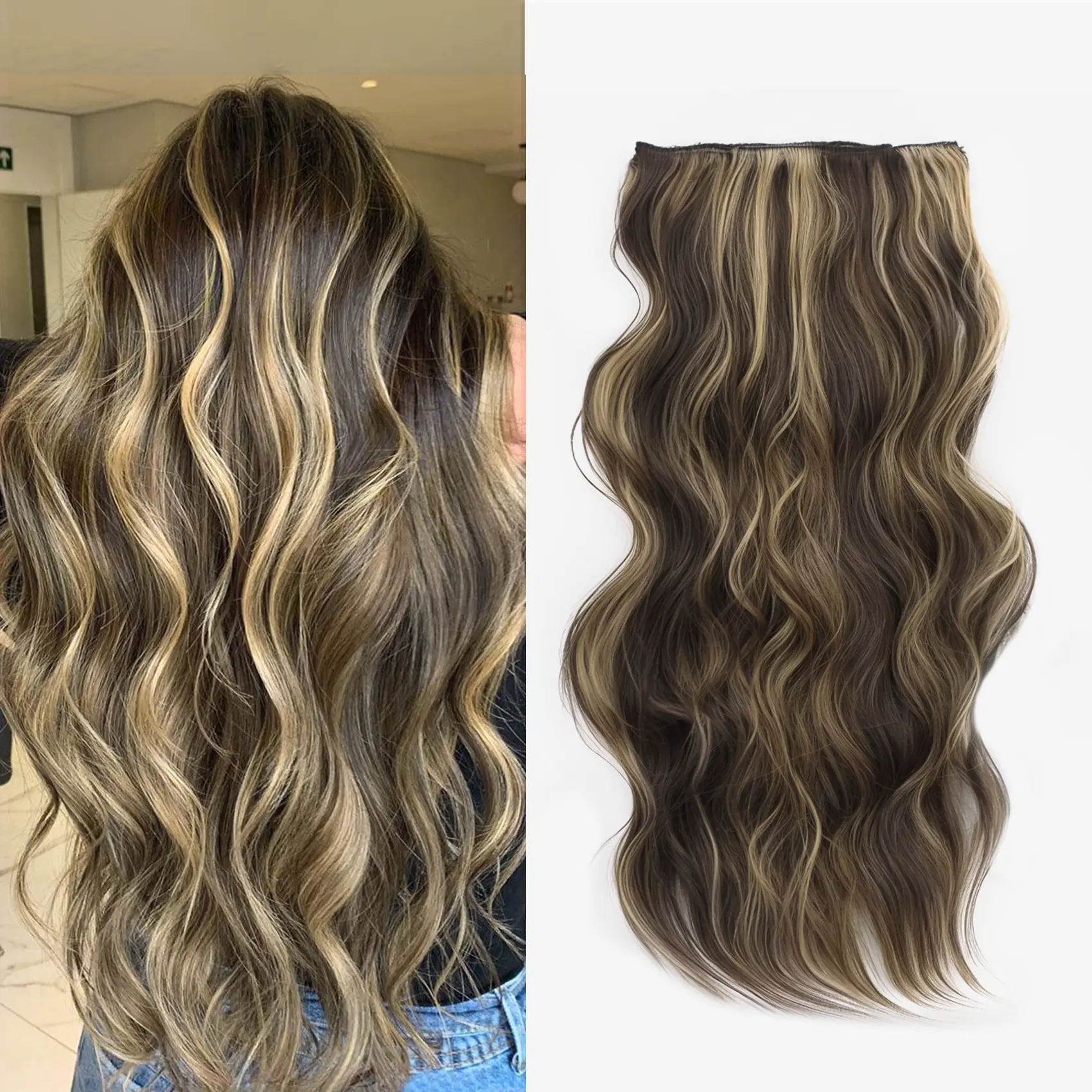 Qbeauty Brunette Icons Collection Synthetic Soft Hair Extensions - 4PCS Clip-in Long Wavy Thick Double Weft Synthetic Hairpieces for Women Outdoor Activities, Synthetic Soft Hairpieces