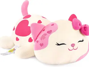 Cute Pink Cat Plush Toy with Bowknot – Kawaii Kitty Stuffed Animal Soft Pillow, Heart Cat Plush Doll, Cute Kitten Plushie Gift for Kids, Girls & Adults