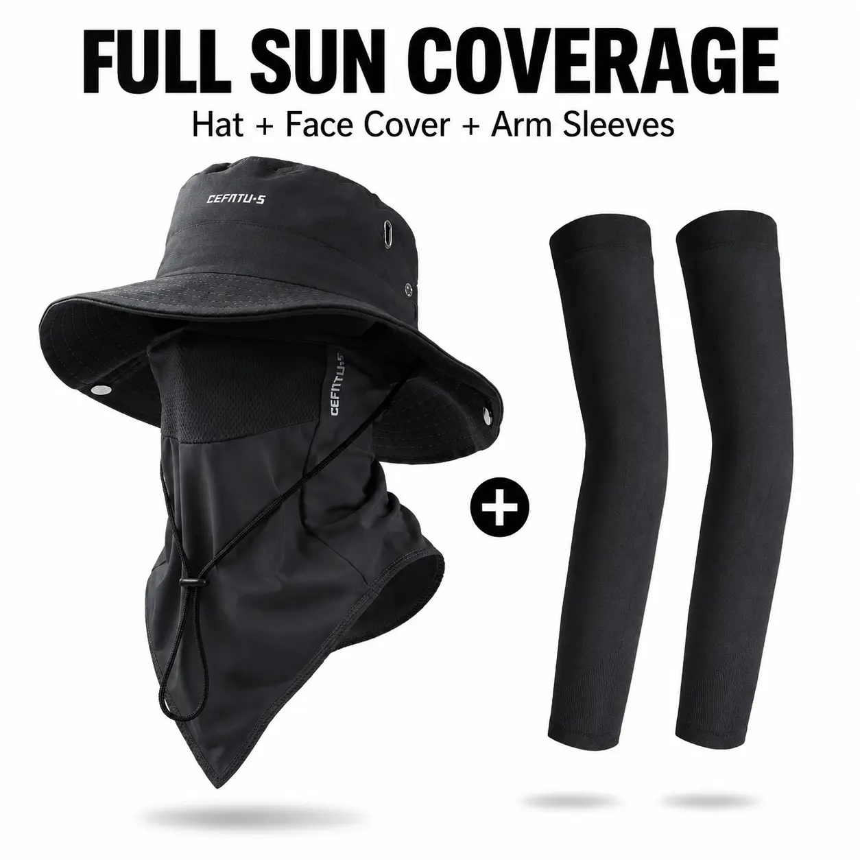3-Piece Wide Brim Sun Protection Hat Set, Outdoor Boonie Hat with Detachable Face Neck Cover & Cooling Arm Sleeves for Fishing Hiking Gardening