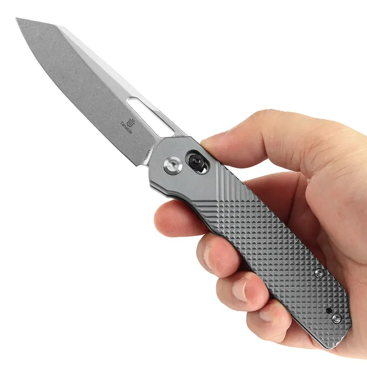TENABLE Full Size EDC Tactical Knife, Shard Foldable Cross Bar Lock Design, 3.47in Stonewash Finish Reverse Tanto 14C28N Blade, Gray Aluminum Handle, Kim Ning Design-T1006V4, Tactical Knives, Well Designed Blades