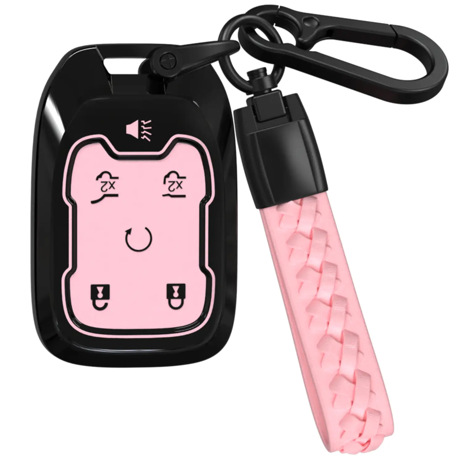 ACEBOY TPU 6-Button Car Key Fob Cover with Leather Keychain, Vehicle Accessories for GMC/Chevy Owners, Multi-Model Fit for Silverado 1500-3500HD 2019-2022 & More (Black/Pink) with Warranty, 6-btn Shortcut & Button Protection