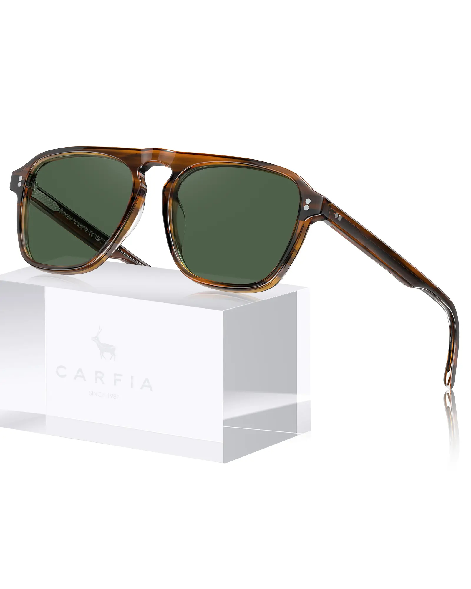 CARFIA Men's Pilot Polarized Sunglasses, Transparent Tea Italian Acetate Frame with UV400 Anti-Glare Lenses for Driving & Fishing, Pilot Shape, Uv-Protection, Uv400 Shield, Natural