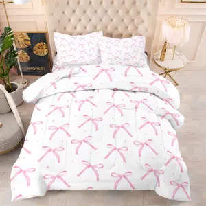 Soft Watercolor Bow Comforter Set - Soft Durable Bedding Sets, 1 Quilt + 1/2 Pillowcases, Dreamy Pink Bow Pattern, Romantic Coquette Aesthetic for Bedrooms, Dorms & Guest Rooms