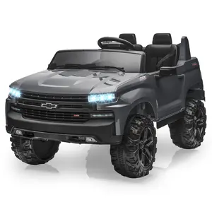 【Christmas Gift】Gray 24V 2 Seater Licensed Chevrolet Silverado Ride On Car With Dual 90W Motors Remote Control Two Speed Reverse Function Safety Belts Led Headlights And Engine Sounds For Kids Age 3 To 8 Gray