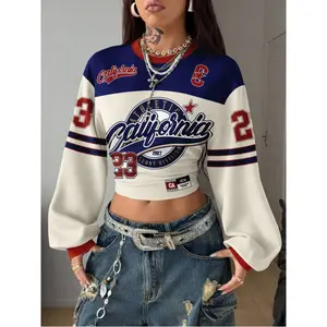 Casual Minimalist Sports Street Casual Party Airport Outfit, Navy Blue Khaki Numeric & English Letter Collegiate Print Pattern, Comfortable Warm Round Neck Drawstring Waist Loose Short Puff Sleeve Women Sweatshirt, Suitable For Autumn/Winter