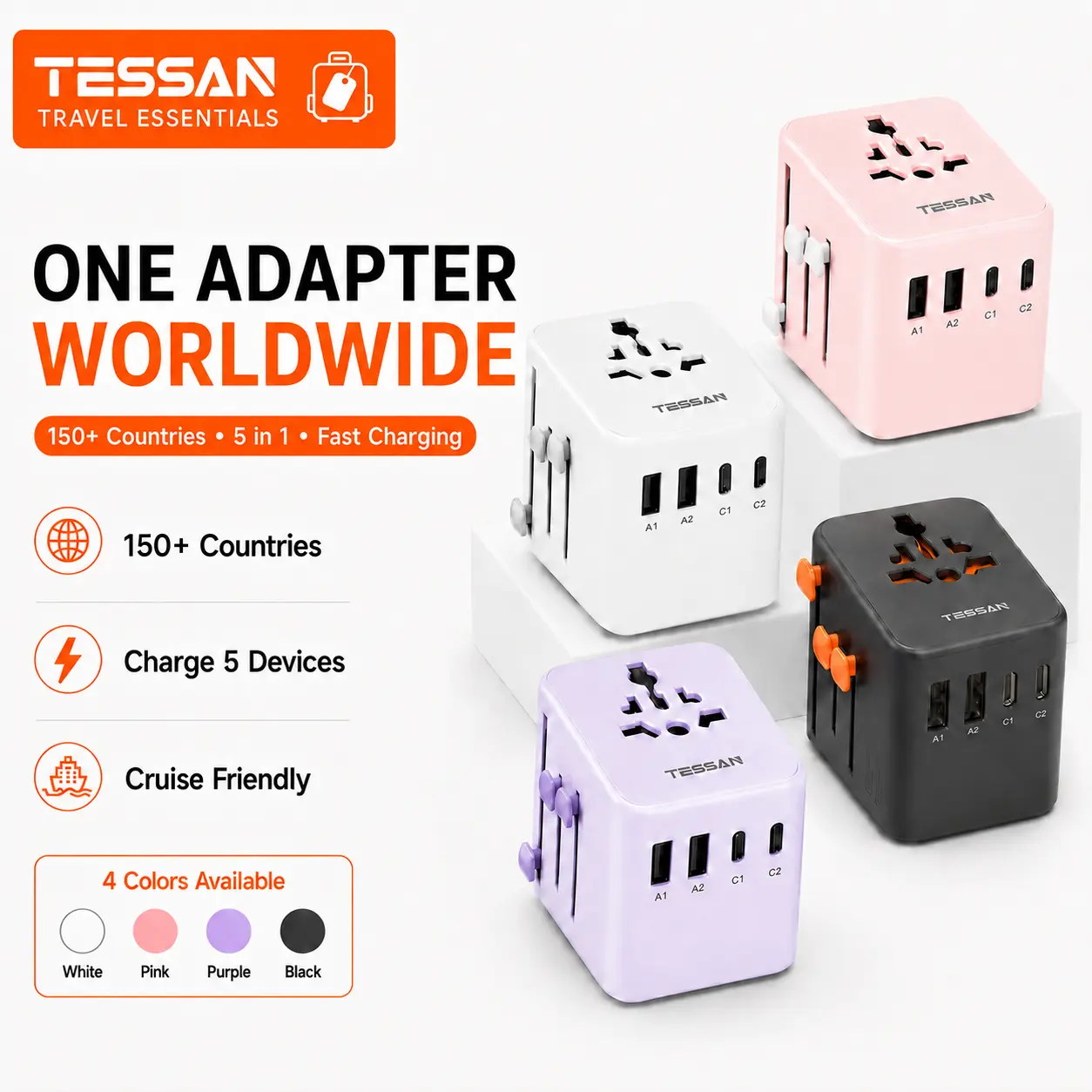 【TESSAN Universal Travel Adapter】International Power Adapter with USB-C, 5-in-1 Worldwide Plug Adapter for Europe UK US Japan Australia, 150+ Countries, Vacation Business Trip Study Abroad Travel Essentials