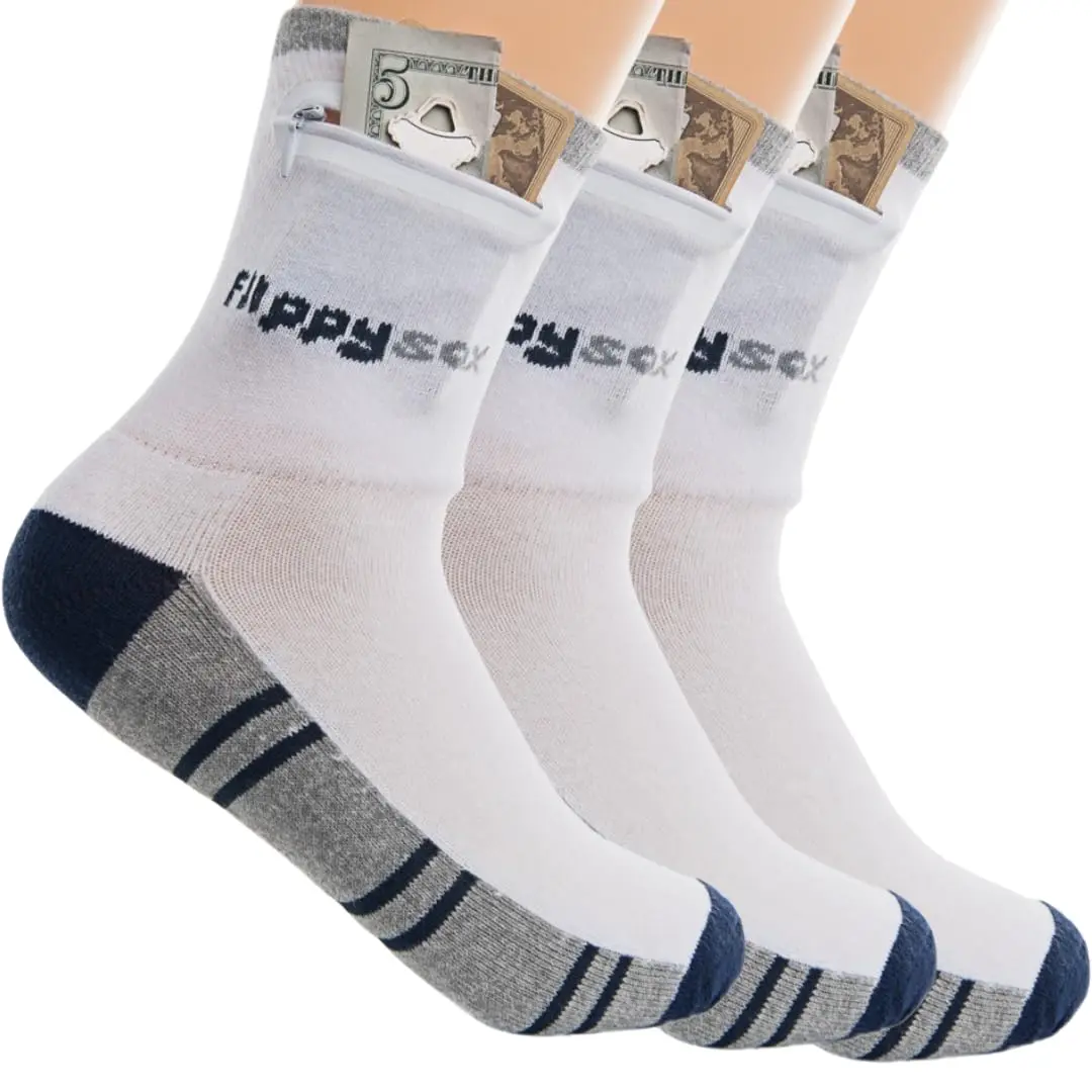Flippysox Zipper Sock Wallet (3 Pack) - Cotton & Polyester Zipper Socks with Pockets - Fits shoe size 6-13 - Blue/Grey