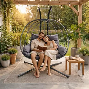 Double Hanging Egg Chair wth Stand, Patio Hammock Swing Chair with Cushion Loveseat for Bedroom, Balcony, Garden, Indoor, Outdoor(Grey)