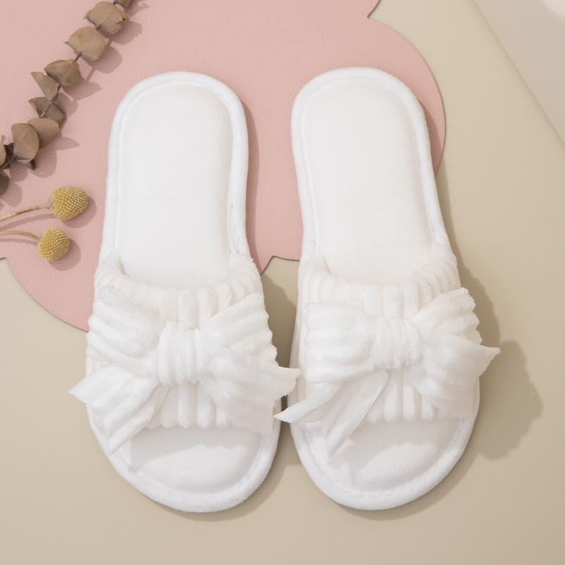 Women's Plush Bow Knot Home Slippers - Open Toe Soft Indoor House Shoes for Spring & Autumn in Pink Black & White Colors