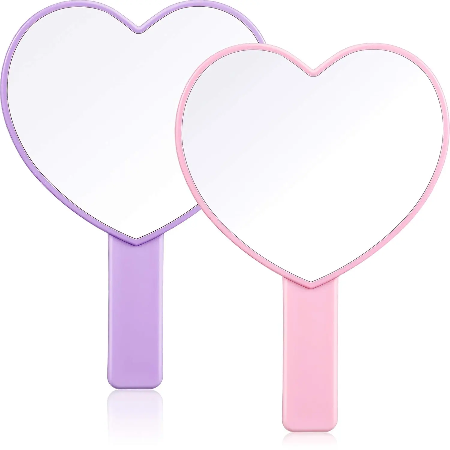 Heart Shaped Handheld Mirrors, 2-Piece Set of Portable Travel Makeup Mirrors with Handles, Romantic Feminine Accessory for Women, Pink & Purple