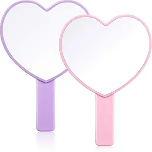 2 Pieces Heart Shaped Handheld Cosmetic Mirrors Mini Travel Makeup Mirrors with Handle Valentine's Day Small Heart Decorative for Women(Pink, Purple)