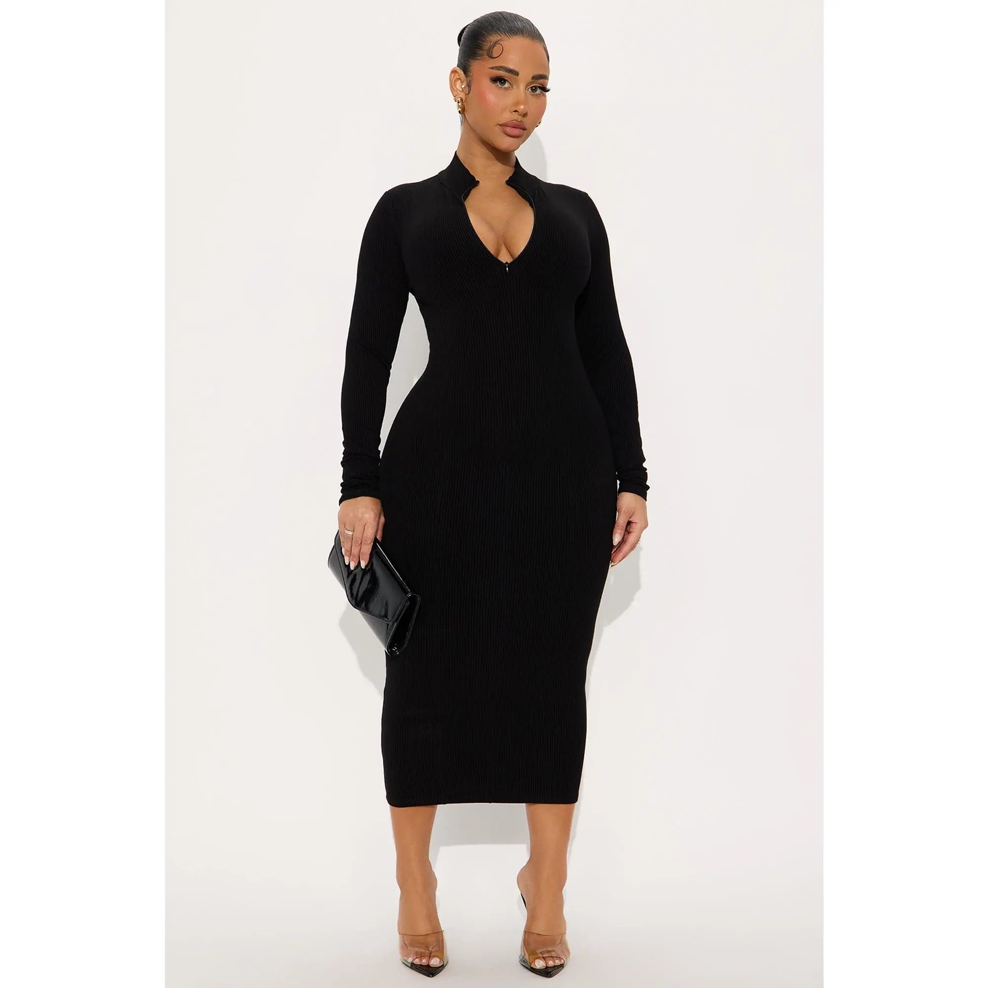 Mia Zip Long Sleeve Snatched Midi Dress - Black - TikTok Shop