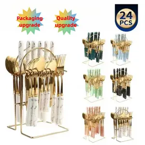 upgrade Stainless Steel 24-Piece Set Nordic Marble Pattern Western Cutlery Steak Knife Fork Spoon Storage Rack Gift Box