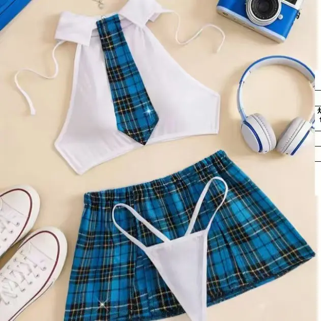 Women's Plaid Roleplay Costume Set - 4-Piece Woven Uniform with Sleeveless Top, Skirt, Necktie, Thong for Party Events