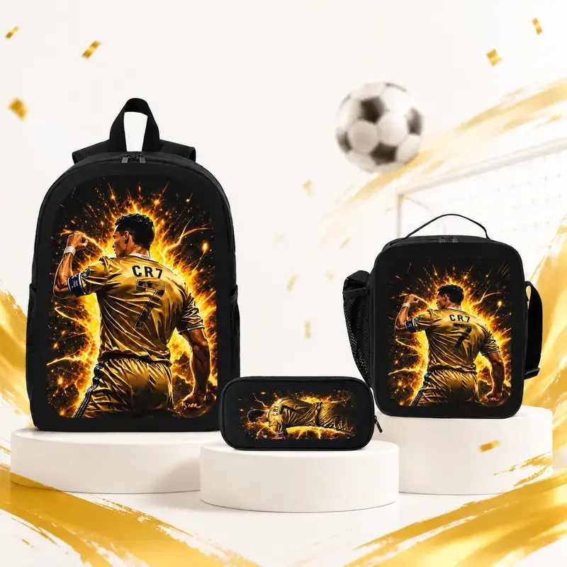 Football Printed 3PCS Backpack Set 17 Inch Soccer School CR7 Backpack with Shoulder Bag & Pencil Case Lightweight Bookbag Travel Daypack for Boys Girls Teens Back to School Football Fan Gift