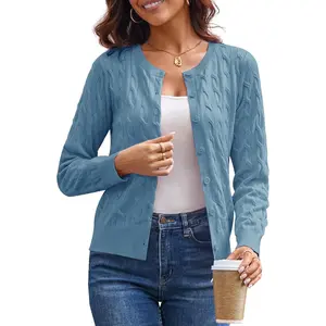 Womens Long Sleeve Button Up Cable Knit Cardigan Lightweight Crewneck Button Down Sweaters for Women