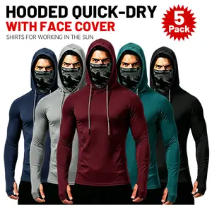 6 Pack 94% Polyester 6% Spandex Quick Dry Breathable Sun Hoodie Unisex, UPF50 UV Block Long Sleeve Hood Shirt With Built-in Face Mask, Outdoor Fishing Cycling Gardening Construction Athletic Top