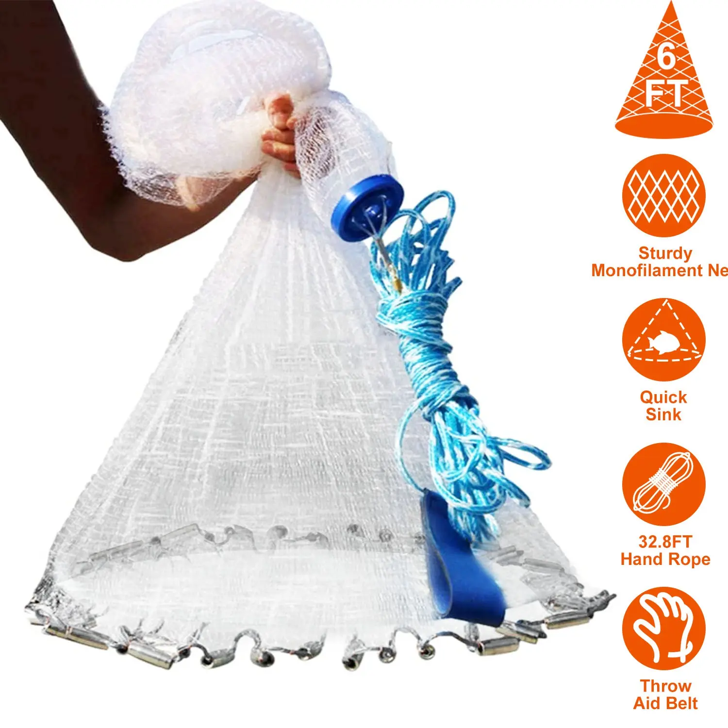 6ft/8ft Portable Hand Cast Fishing Net, Heavy-Duty Durable Mesh Fishing Gear Supplies, Built-in Chain Sinker for Fast Sinking, Easy-Throw Wide Bottom Trap for Lake, River Angling