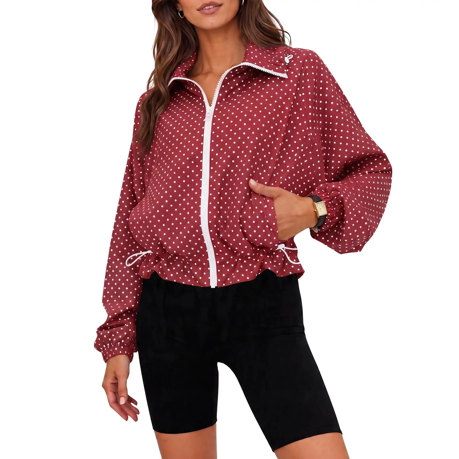 Fisoew Women's Vintage Polka Dot Windbreaker Jacket - Thin, Loose, Smooth, Breathable, Elastic, Comfortable Fabric, Zip-Up Anorak with Drawstring Hem, Adjustable for Gym Fall Outfit Inspo
