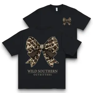 Wild Southern Outfitters' Camo Bow Double-sided Print T-shirt American Southern Style Casual Top