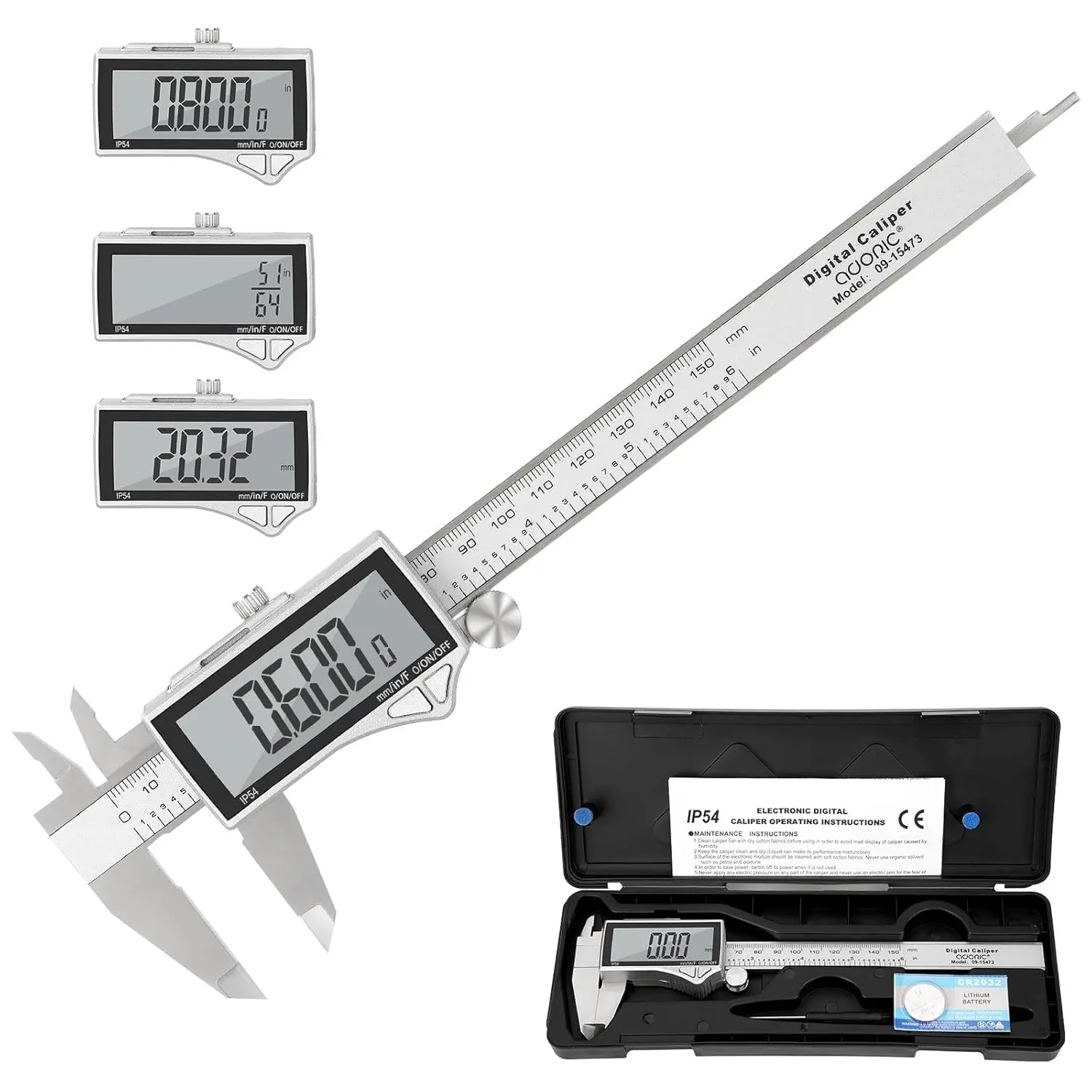 Caliper Measuring Tool Stainless Steel Vernier Caliper Digital Micrometer with Large LCD Screen, Easy Switch from Inch Metric Fraction, 06" Caliper Tool for DIY/Household