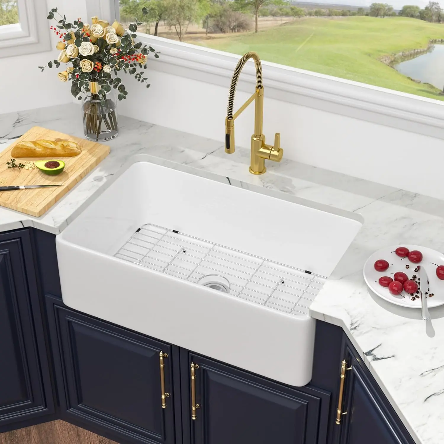Kichae 33x20 in Durable Heat-Resistant Fireclay Industrial Farmhouse Bowl Sink, Rectangle Adjustable Apron-Front Single Bowl with Flat Front Deep Basin, Rounded Corners, Efficient Drainage, Basket Strainer & Bottom Grid