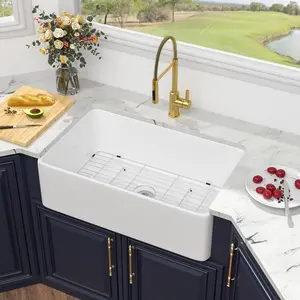 Kichae 33 Inch White Farmhouse Sink 33*20" Fireclay Ceramic Apron Front Single Bowl Kitchen Sink, Flat Front Deep Basin and Rounded Corners, with Basket Strainer & Bottom Grid