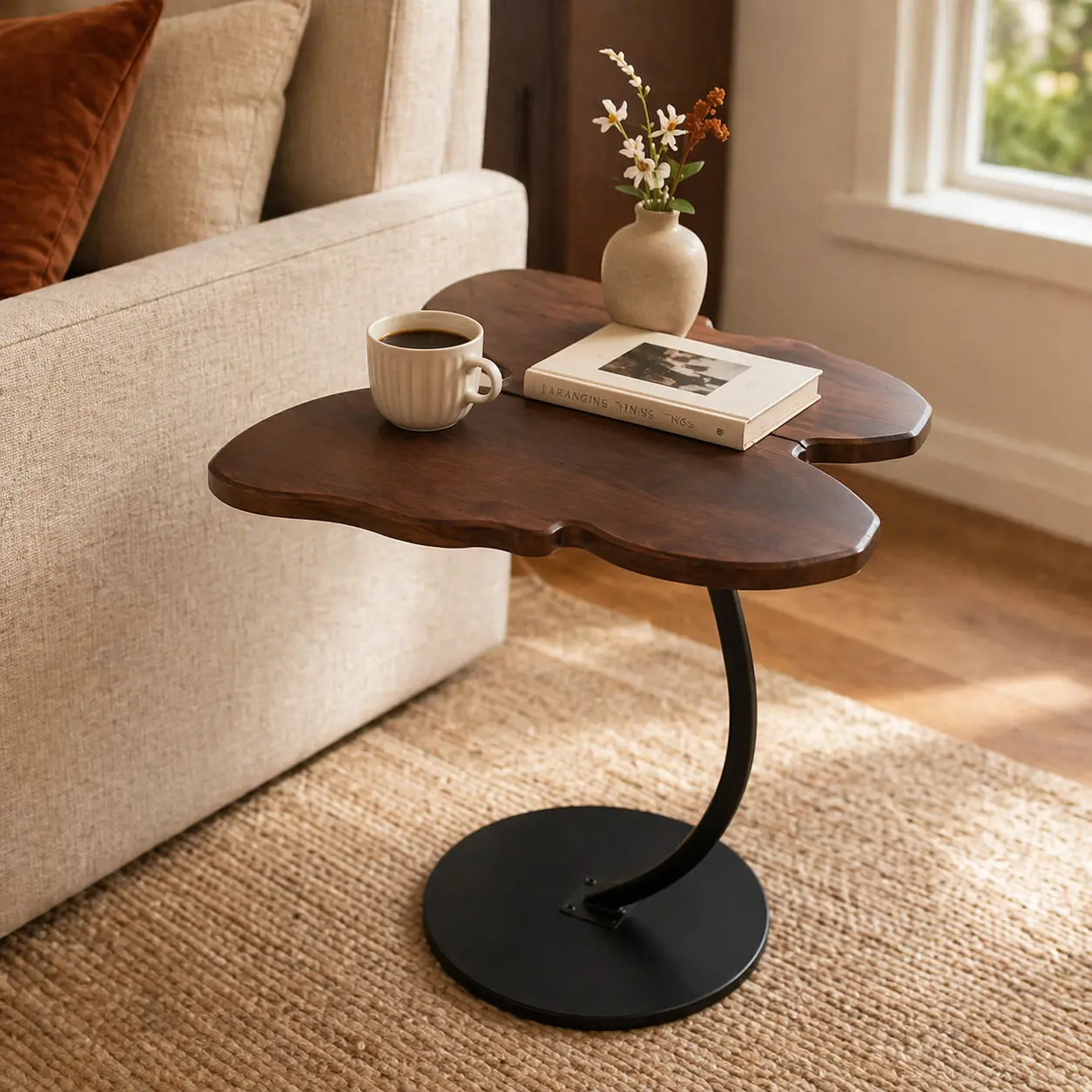 Butterfly Accent Side Table, Elegant Wood Grain End Table with Heavy Duty Metal Base for Sofa, Bedroom & Apartment
