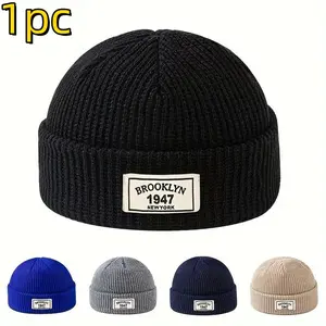 Men's Fashion Knit Beanie Hat Knitted Hat, Warm Elastic Flexible Fit Acrylic Winter Cap with Letter Patch, Perfect for Activities Leisure Snug Wear Christmas Gift Valentine's Day