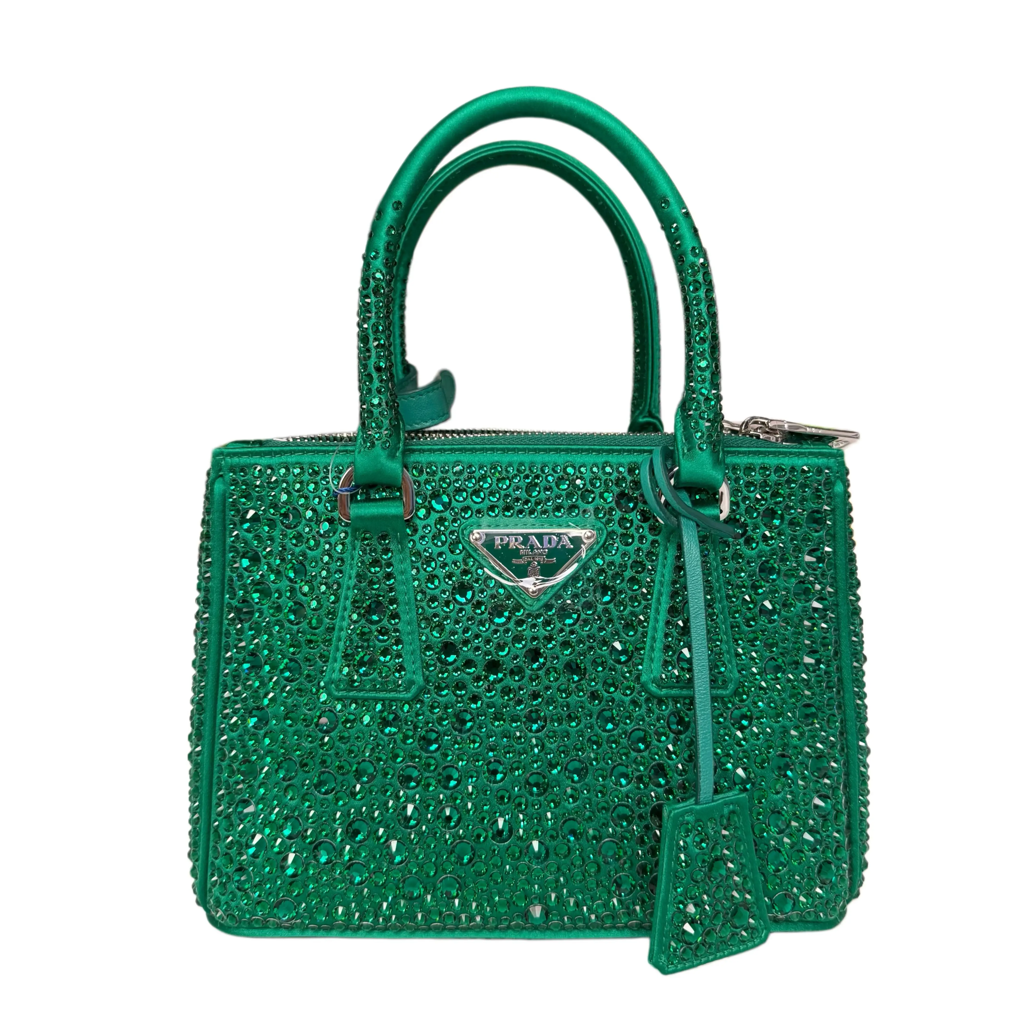 Pre-owned PRADA . Shoulder Bags Galleria 20 Green Full Crystal Rhinestone Silver Logo Handbag