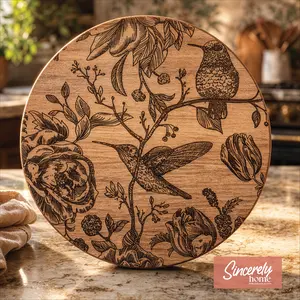 Enchanted Acacia Wood Trivet – 9” Engraved Hummingbird & Floral Heat Resistant Kitchen Decor