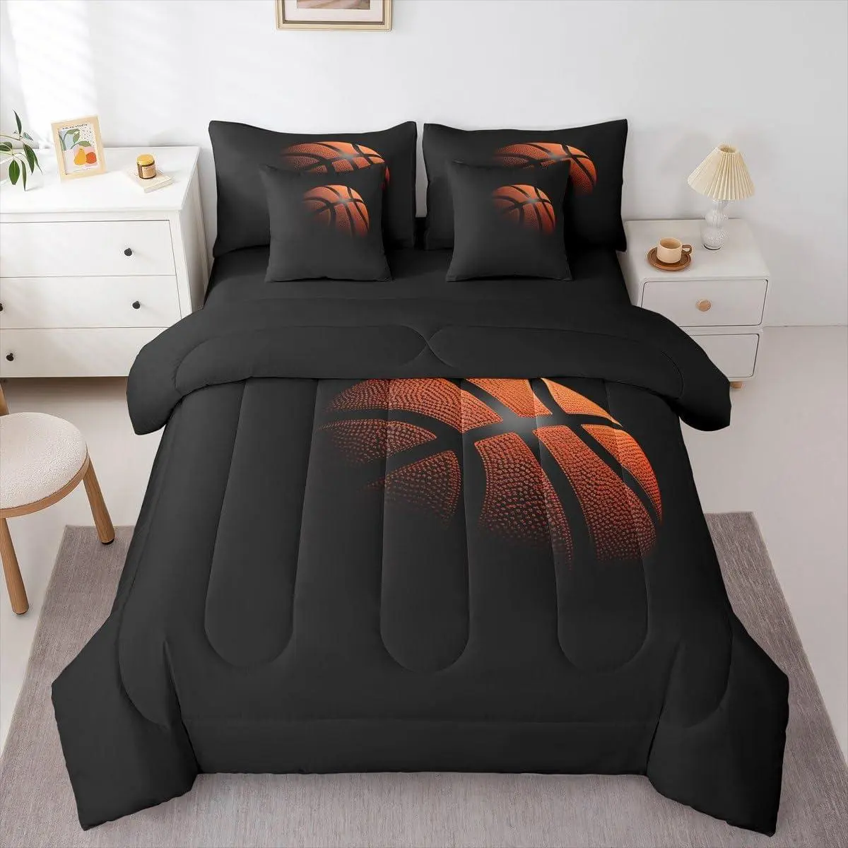 King 7-Piece 3D Basketball Printed Soft Quilt Set - Bedding Sets Collections, Modern, Breathable, Fade-Resistant, Machine-Washable Comforter for Kids Basketball Lovers, Sports-Themed Playroom Bedding