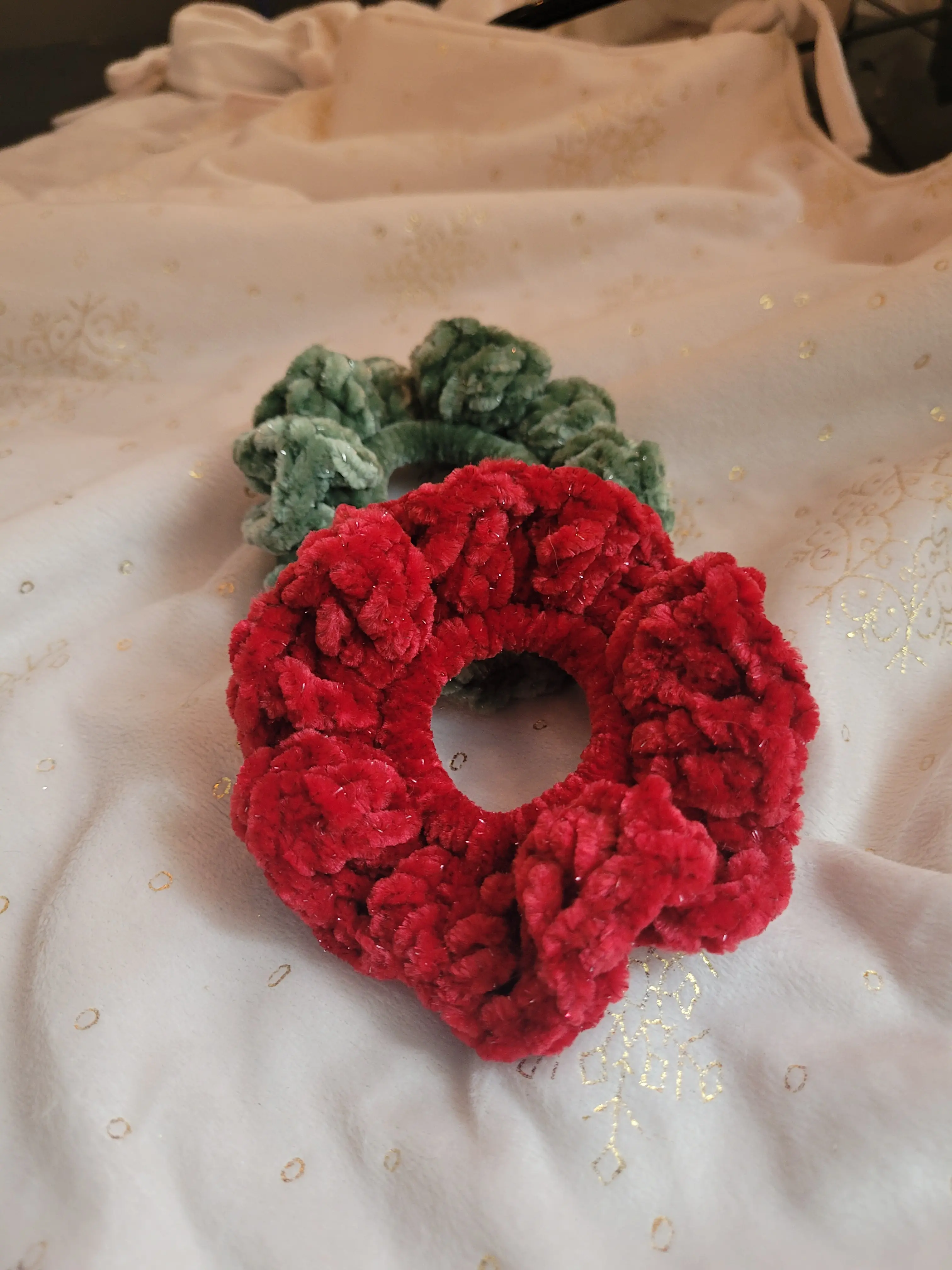 Handmade Crochet Christmas Scrunchies Set - 2 Red & Green Velvet Textured Hair Accessories, 1 Size, Cute, Casual, Christmas-Year-Round Wear, Easy to Care For
