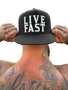 TheDriveClothing Live Fast Black Flat Bill Hat – Snapback Cap, Flat Brim Trucker Hat, White Print Mesh Back Adjustable Hat, Unisex Streetwear