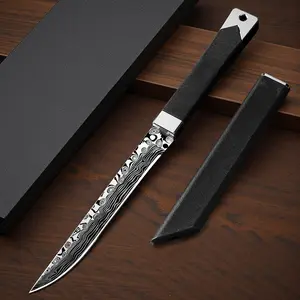 Damascus Pattern Straight Edge Outdoor Camping Fruit Knife With Sheath Cover, Portable Sharp Stainless Steel Fixed Blade Pocket Knife, Multi-functional Knife Tool for Home Kitchen