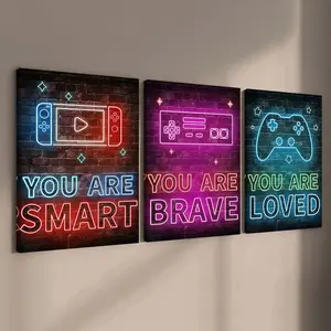 3-Piece Wood Frame Canvas Set, Neon Game Controller Motivational Posters, Modern Art Decor, Waterproof, Ideal for Home & Office