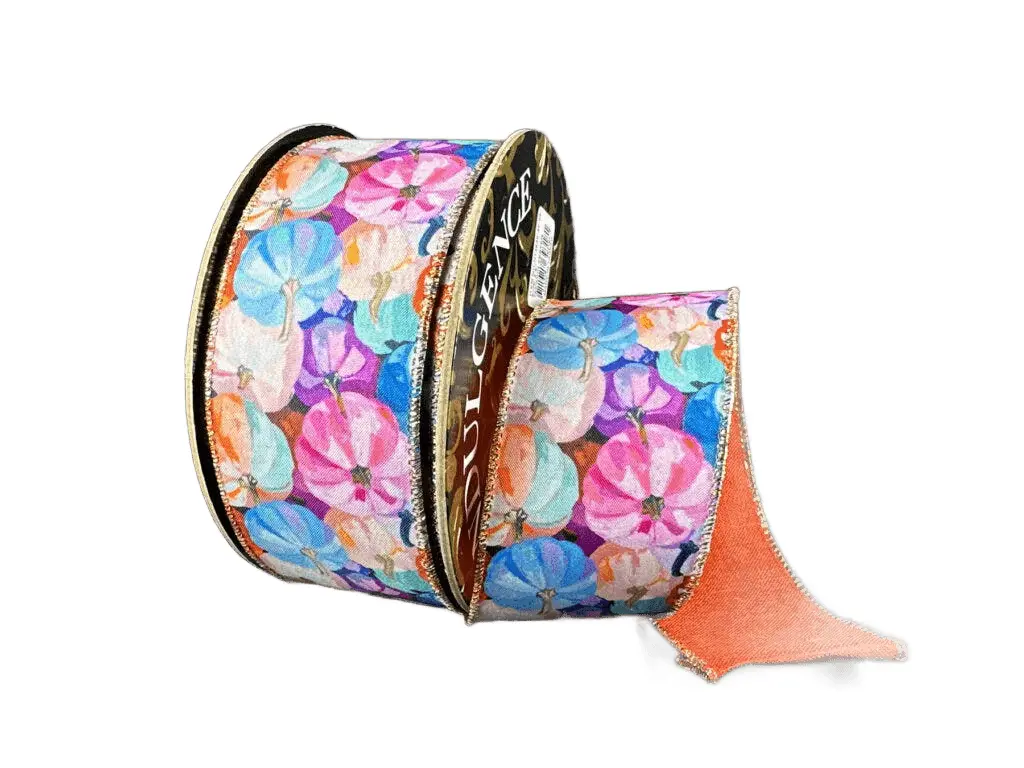 2.5" x 10yd Abstract Pastel Pumpkins Ribbon with Rust Linen Backing